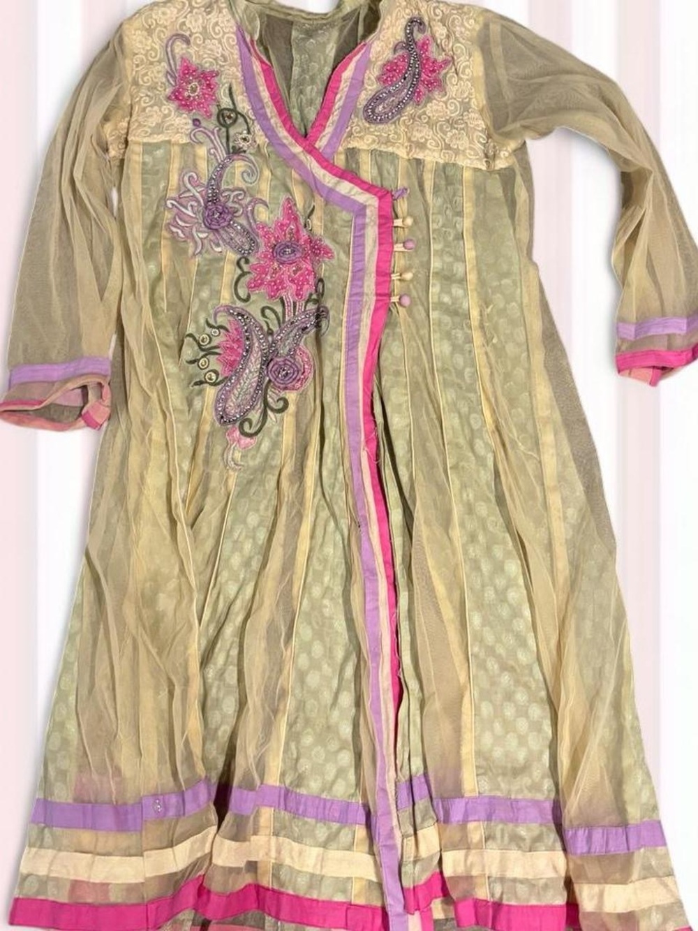 Girls Embroidered Beige and Pink Formal Dress